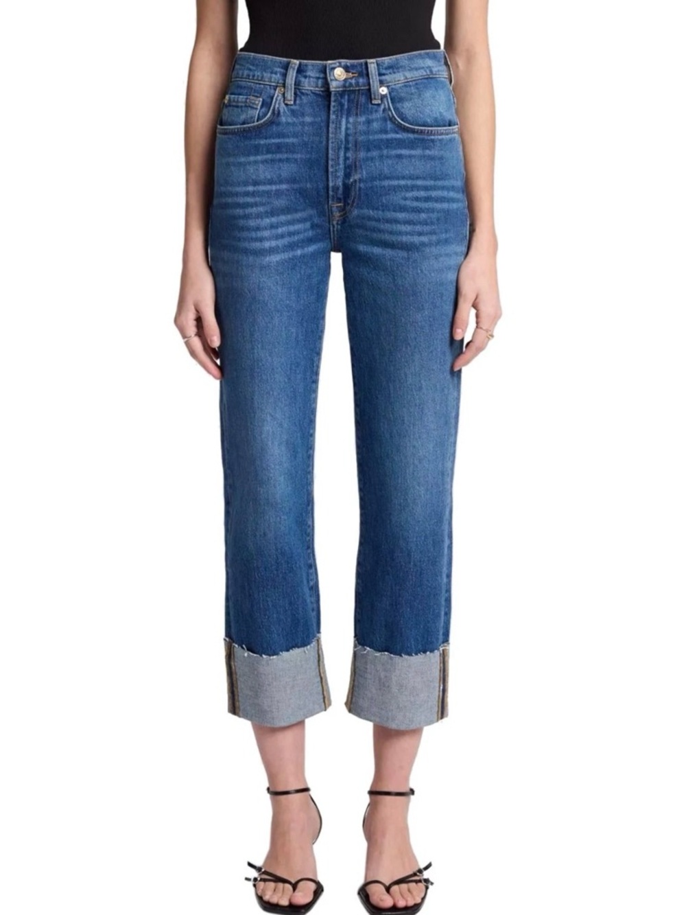 7 For All Mankind Cropped High-Rise Mid Blue Jeans with Cuffed Hem
